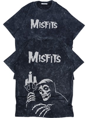 Unisex Misfits Sırt Baskılı Yıkamalı T-Shirt, Oversize Rock Band Temalı Retro Tişört