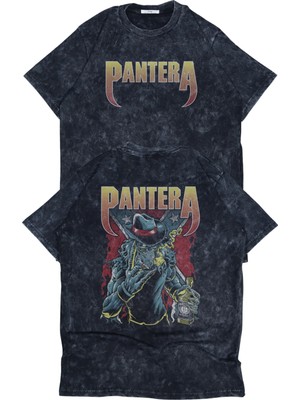 Unisex Pantera Sırt Baskılı Yıkamalı T-Shirt, Oversize Rock Band Temalı Retro Tişört