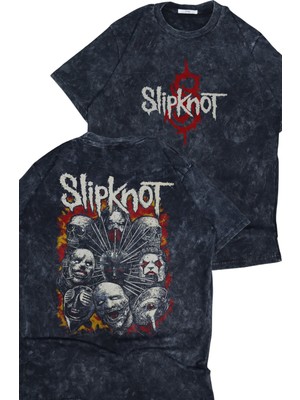 Unisex Slipknot Mask Sırt Baskılı Yıkamalı T-Shirt, Oversize Rock Band Temalı Retro Tişört