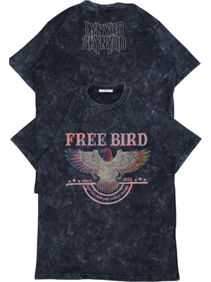 Unisex Free Bird Ense Baskılı Yıkamalı T-Shirt, Oversize Lynyrd Skynyrd Temalı Retro Tişört