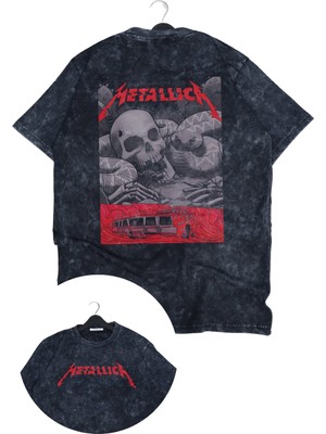 Unisex Metallica Snake And Skull Sırt Baskılı Yıkamalı T-Shirt, Oversize Rock Band Temalı Tişört