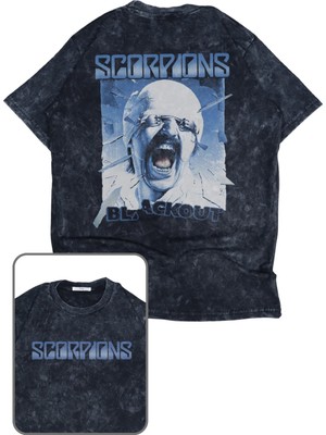 Unisex Scorpions Blackout Sırt Baskılı Yıkamalı T-Shirt, Oversize Rock Band Temalı Retro Tişört