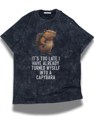 Unisex Komik Çantalı Capybara Yıkamalı T-Shirt, Oversize Yazılı Capybara Temalı Retro Tişört