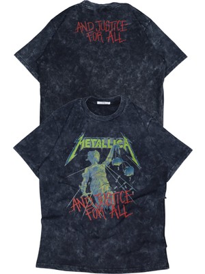 Unisex And Justice For All Ense Yazılı Yıkamalı T-Shirt, Oversize Rock Band Metallica Temalı Tişört