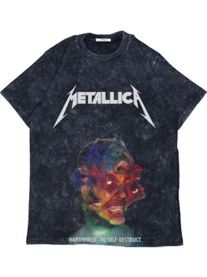 Unisex Hardwired Metallica Baskılı Yıkamalı T-Shirt, Oversize Rock Band Temalı Eskitme Tişört