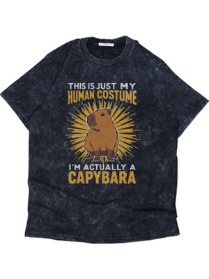 Unisex I'm Actually A Capybara Yazılı Yıkamalı T-Shirt, Oversize Capybara Temalı Vintage Tişört