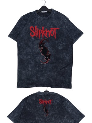 Unisex Slipknot Goat Ense Baskılı Yıkamalı T-Shirt, Oversize Rock Band Temalı Vintage Tişört