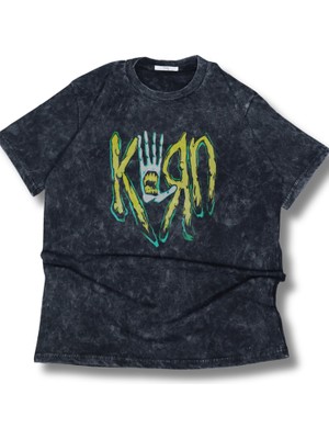Unisex Korn Yazılı Yıkamalı T-Shirt, Oversize Rock Band Temalı Retro Tişört