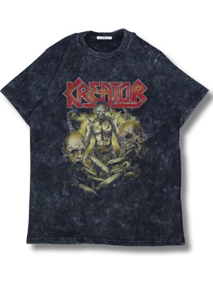 Unisex Kreator Yazılı Yıkamalı T-Shirt, Oversize Rock Band Temalı Retro Tişört