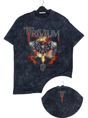 Unisex Trivium Ense Baskılı Yıkamalı T-Shirt, Oversize Rock Band Temalı Retro Tişört