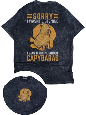 Unisex Sorry Capybaras Sırt Baskılı Yıkamalı T-Shirt, Oversize Capybara Temalı Retro Tişört
