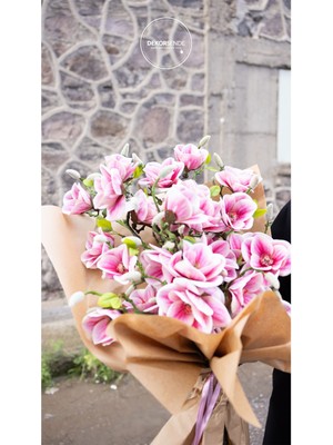 Pembe Renkli 52 cm Yapay Manolya Dalı, Dekoratif Çiçek Bahçe Süs.