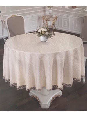 Kahverengi Fransız Dantelli Yuvarlak Masa Örtüsü 180 cm