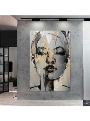 80X120 cm Gri Kadın Karakalem Soyut Dekoratif Kanvas Tablo