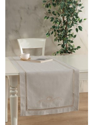 Ekru Dantelli Zarif Işlemeli Buldan Kumaşı Runner 50X130 cm