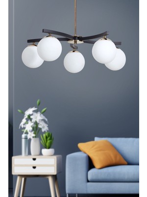 5'li Gold-Siyah Metal Gövde Beyaz Camlı Lüks Avize