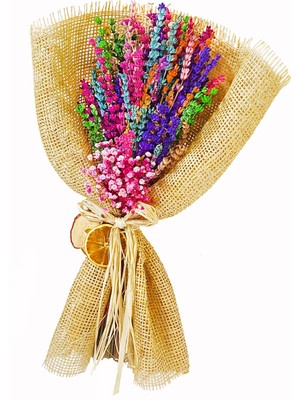 Renkli Kuru Lavanta Buketi, Hediye Dekoratif Çiçek, 40-45 Cm, Ambalajlı