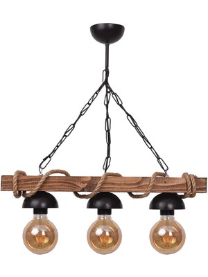 3'lü Rustik Ahşap Avize, Nigrum Halat Detaylı, Şık ve Sıcak Ambiyans Yaratır