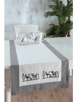 Gri Buldan Kumaşı Bordürlü Taş Baskılı Etnik Desenli Runner, Şık ve Zarif Dekorasyon.