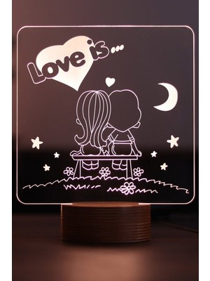 7 Renkli Love Figürlü Dekoratif Masa Lambası, Ahşap Taban, Hediye Seçeneği