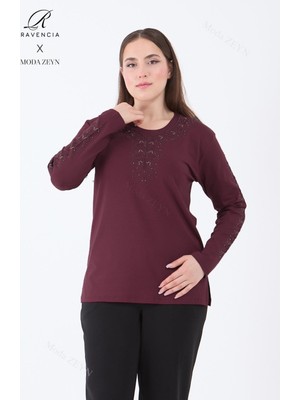 Kadın Orta Yaş ve Üzeri Viskon Şerit Çiçek Desen Taşlı Işlemeli Likralı Koyu Bordo Anne Penye Bluz