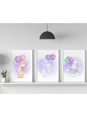 3'lü Çocuk Odası Tablo Seti, Tavşan,zürafa,fil, Balon, Çerçeveli, Dekorasyon