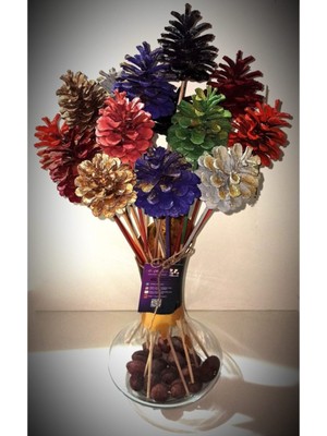 Renkli 6 Adet Bambu Çubuk Kozalak Buketi, Özel Tasarım, Simli ve Şık Görünüm