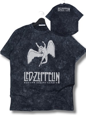 Unisex LED Zeppelin Ense Baskılı Yıkamalı T-Shirt, Oversize Rock Grup Temalı Retro Tişört