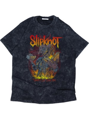 Unisex Summer's Last Stand Tour Yazılı Yıkamalı T-Shirt, Oversize Slipknot Temalı Vintage Tişört