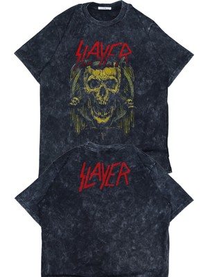 Unisex Slayer Ense Baskılı Yıkamalı T-Shirt, Oversize Rock Band Temalı Vintage Tişört