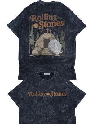 Unisex Rolling Stones Sırt Baskılı Yıkamalı T-Shirt, Oversize Rock Band Temalı Retro Tişört