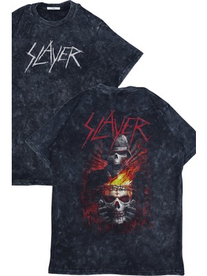 Unisex Slayer Sırt Baskılı Yıkamalı T-Shirt, Oversize Rock Band Temalı Vintage Tişört