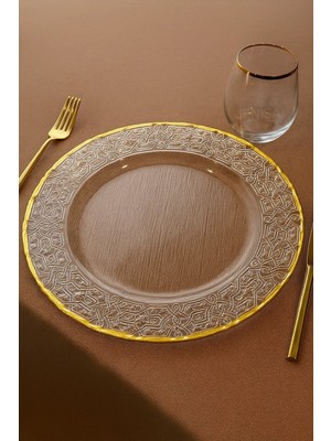 Altın Detaylı Yuvarlak Cam Supla, 33 cm Şık ve Zarif Servis Tabağı