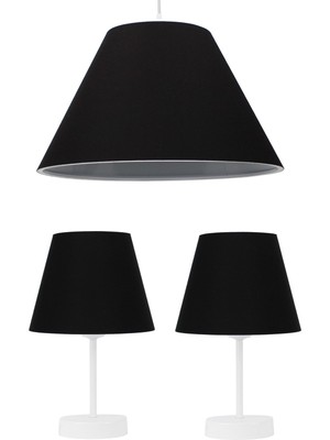 Şık Siyah Üçlü Konik Abajur Seti Yatak Odası Aydınlatması