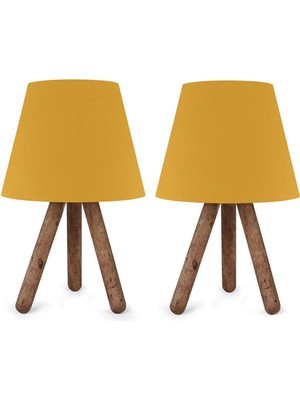 Sarı ve Turuncu Ahşap Üç Ayaklı 2'li Abajur Seti