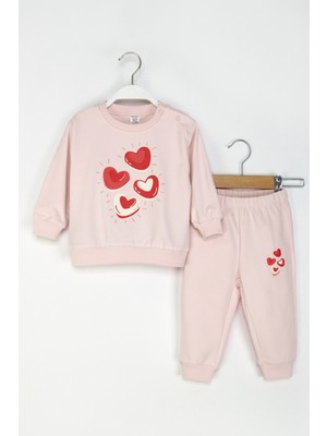 Dmb Boys & Girls Kız Bebek Kalpli Eşofman Takım Pudra Renk Bisiklet Yaka Sweatshirt ve Lastikli Eşofman Altı