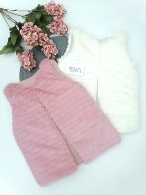 Elyaf Dolgulu Çizgili Doku Peluş Yelek Beyaz - 7 Yaş