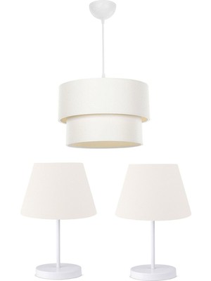 Modern Beyaz Kumaş Sarkıt Avize ve Abajur Seti, Şık Yatak Odası Aydınlatması