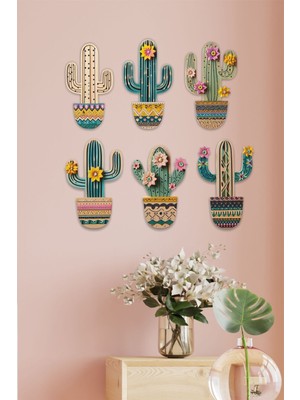 6'lı Kaktüs Duvar Dekor Seti, Ahşap Tablo, Süs, Kahverengi