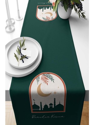 Yeşil Runner Kubbe Desenli Süet Dokuma 140X40 cm Ramazan Bayramı Özel