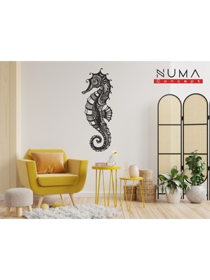 Şekilli Mdf Duvar Süsü, Denizatı ve Deniz Atı Tasarımı, 40X15 Cm, Lazer Kesim, Siyah