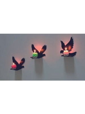 Şık 3'lü Siyah Kuş Desenli Ahşap Mumluk Seti