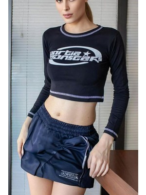 Siyah Partie Monsters Y2K Uzun Kollu Crop