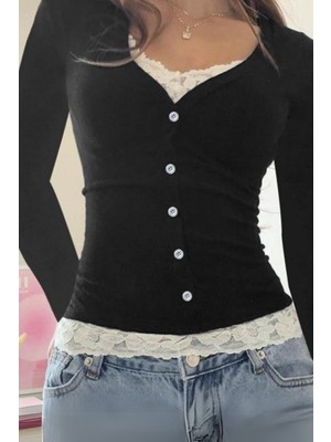 Siyah Düğmeli Dantel Yaka ve Bel Detaylı Y2K Uzun Kollu Crop