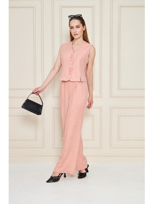 Sheboss Keten Yelekli Takım Gül Kurusu