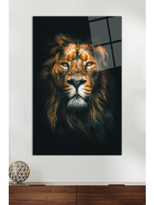 Siyah Zeminde Aslan Dikey Cam Tablo, Modern Ev Ofis Dekoru, Hediyelik Duvar Dekorasyonu Kırılmaz Cam