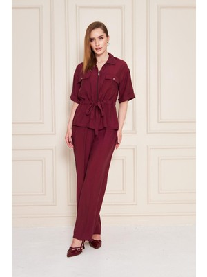 Fermuarlı Cep Detay Modal Ikili Takım Bordo