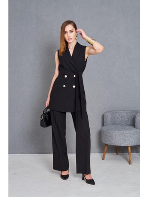 Gold Düğme Kuşaklı Yelek Takım Siyah