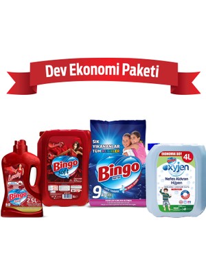 "Dev Ekonomi Paketi ; Bingo Matik 9 kg Sık Yıkananlar + Bingo Soft 5 ltLovely + Bingo Fresh 2,5 lt Lovely +  Bingo Oksijen Çam"