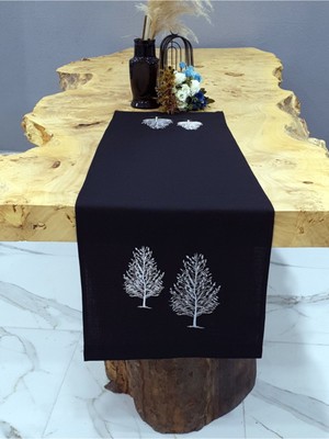 Ağaç Desenli Keten Nakışlı Amerikan Servisi Runner 40X140CM Siyah
